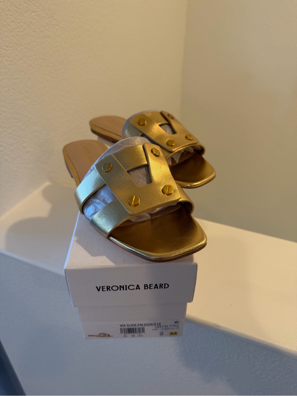 Veronica Beard Gold Stud Accent Slide Sandals